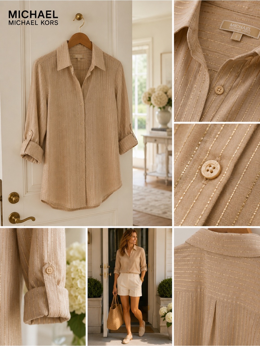 Michael by Michael Kors 🌸 Like NEW 🌸Tan and Metallic Gold Stripe, Women’s Small - Picture 8 of 14